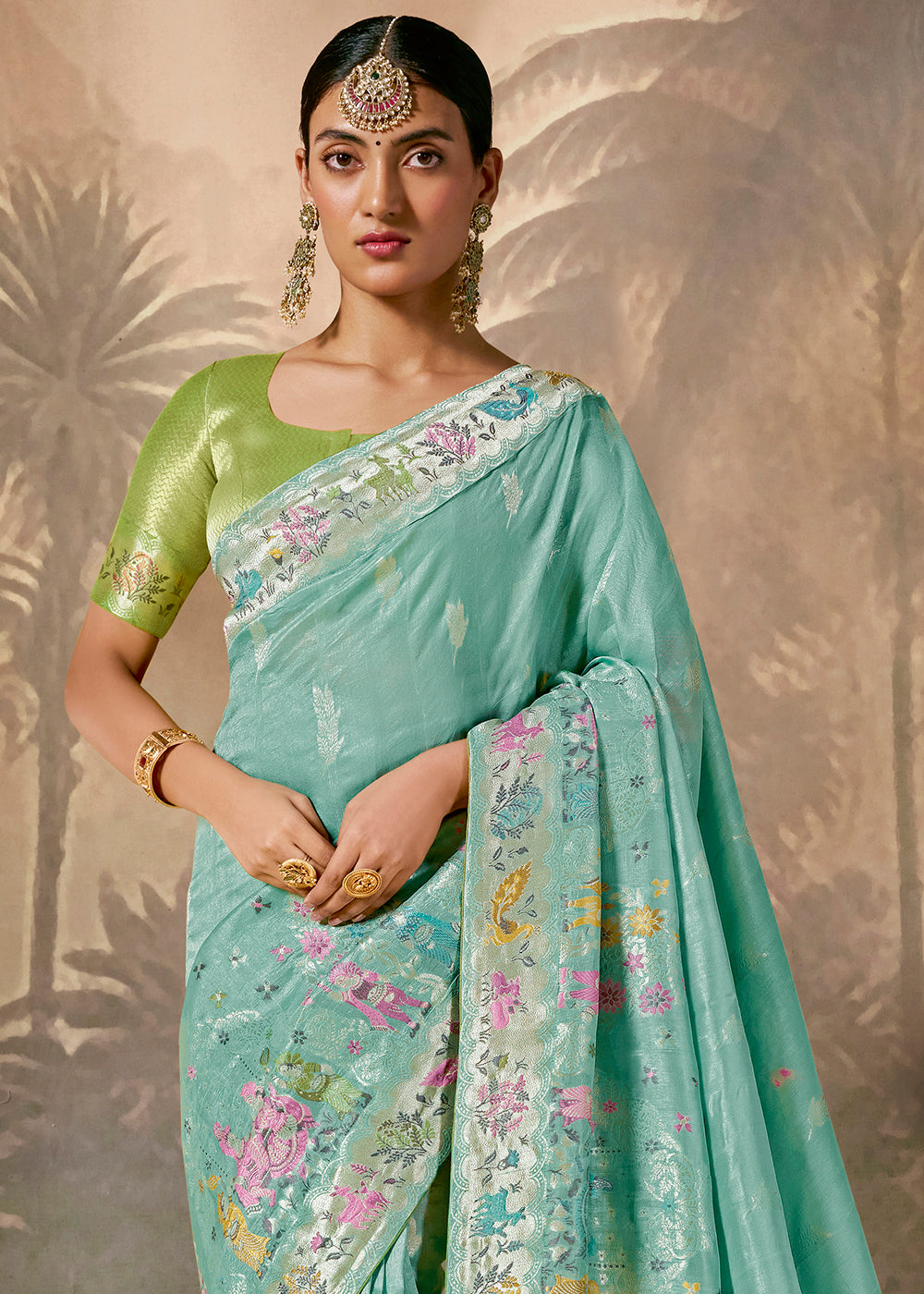 Middle Blue Munga Silk Saree with Zari work & Woven with Resham in Floral Motifs