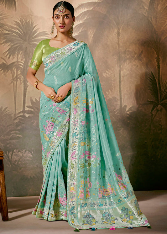 Middle Blue Munga Silk Saree with Zari work & Woven with Resham in Floral Motifs