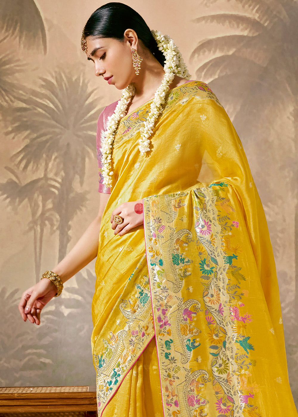 Saffron Yellow Munga Silk Saree with Zari work & Woven with Resham in Floral Motifs