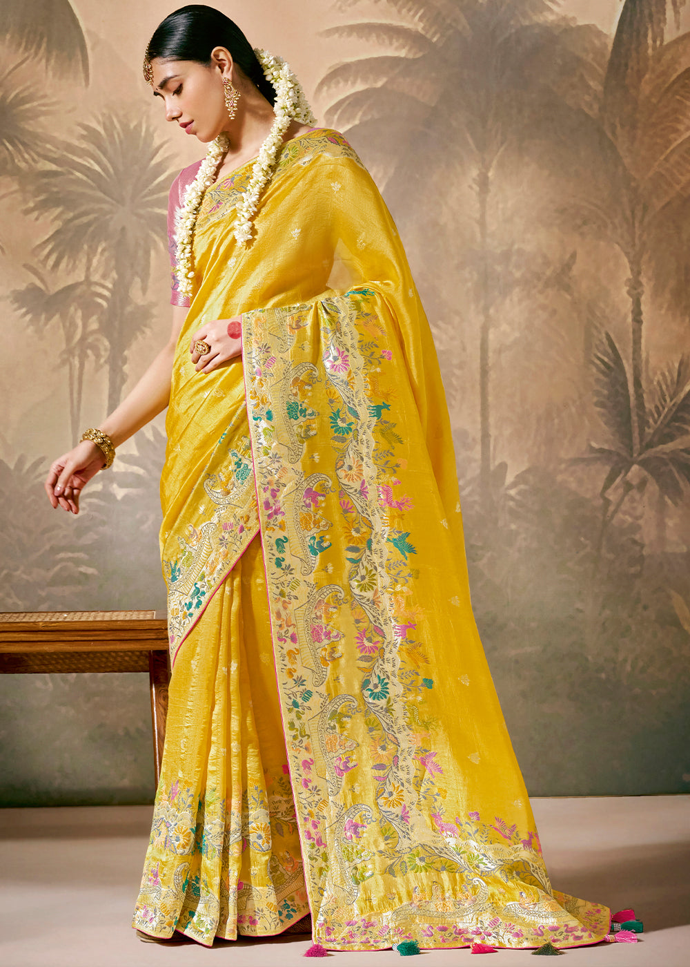 Saffron Yellow Munga Silk Saree with Zari work & Woven with Resham in Floral Motifs