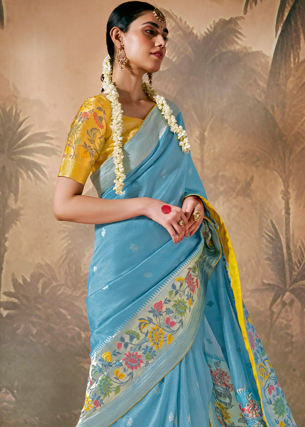 Baby Blue Munga Silk Saree with Zari work & Woven with Resham in Floral Motifs