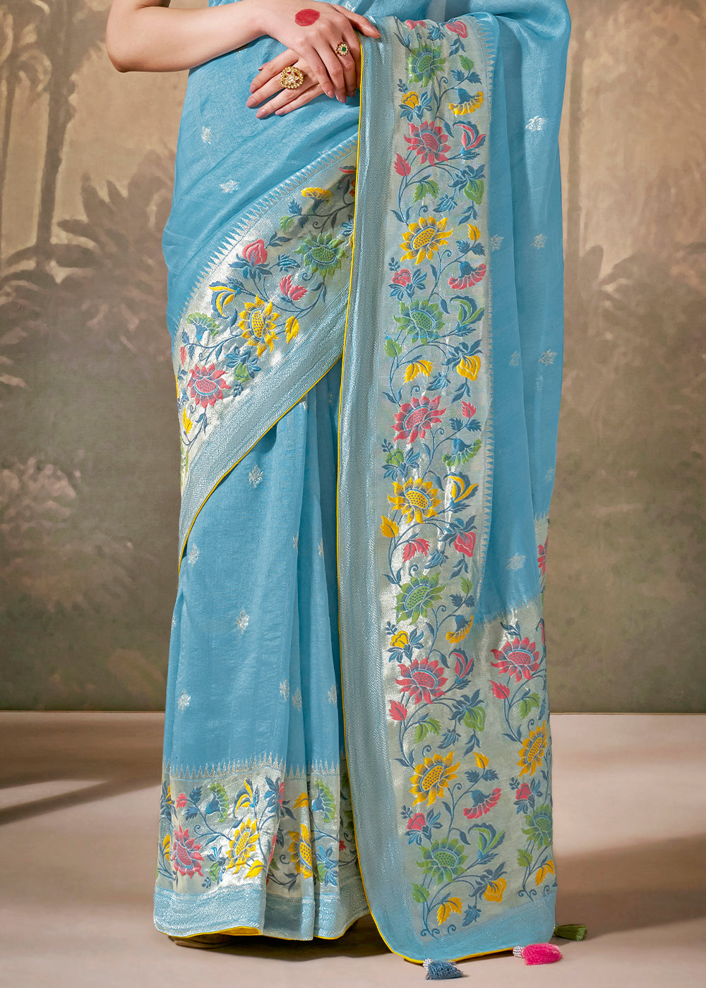 Baby Blue Munga Silk Saree with Zari work & Woven with Resham in Floral Motifs