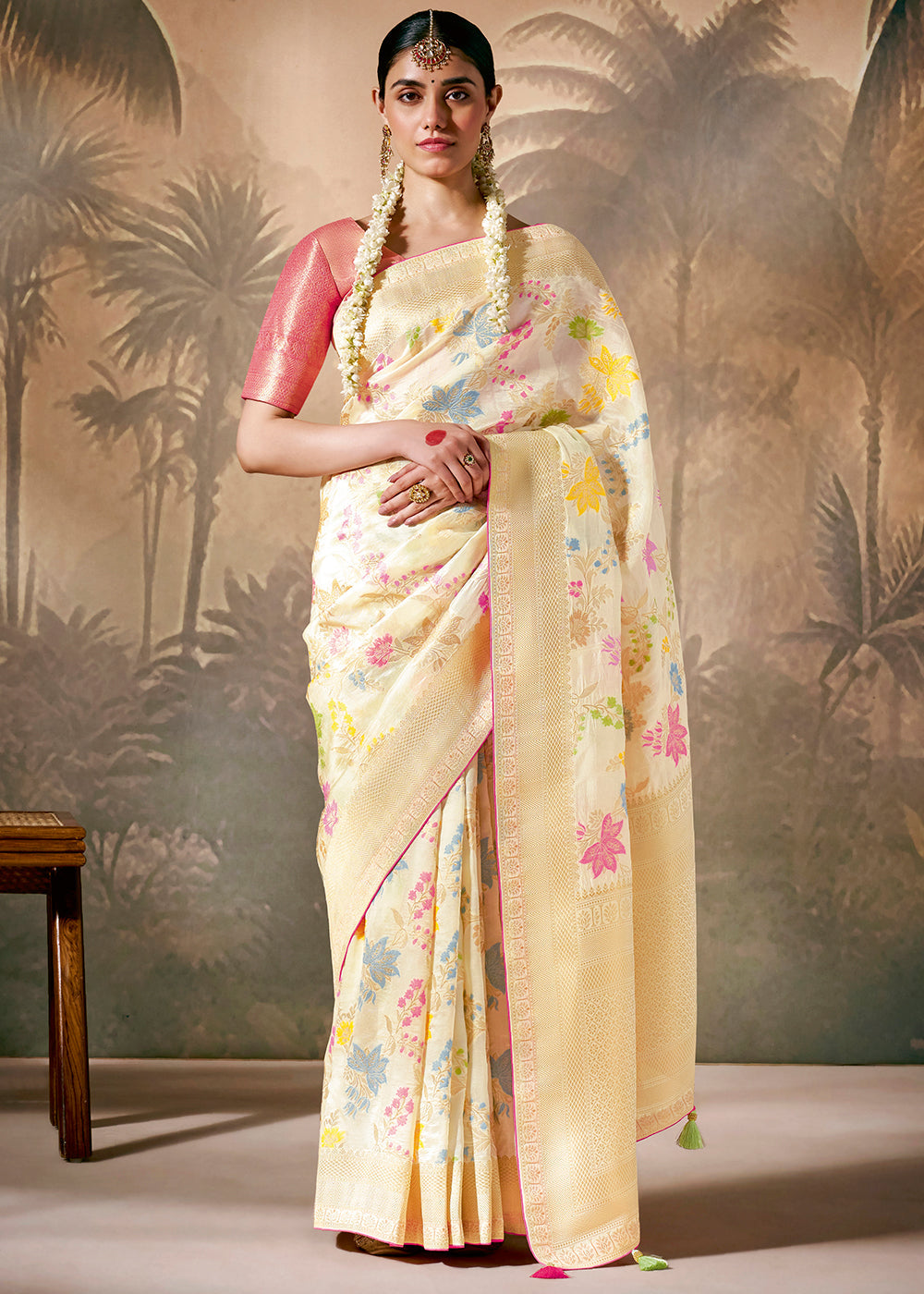 Cream White Munga Silk Saree with Zari work & Woven with Resham in Floral Motifs