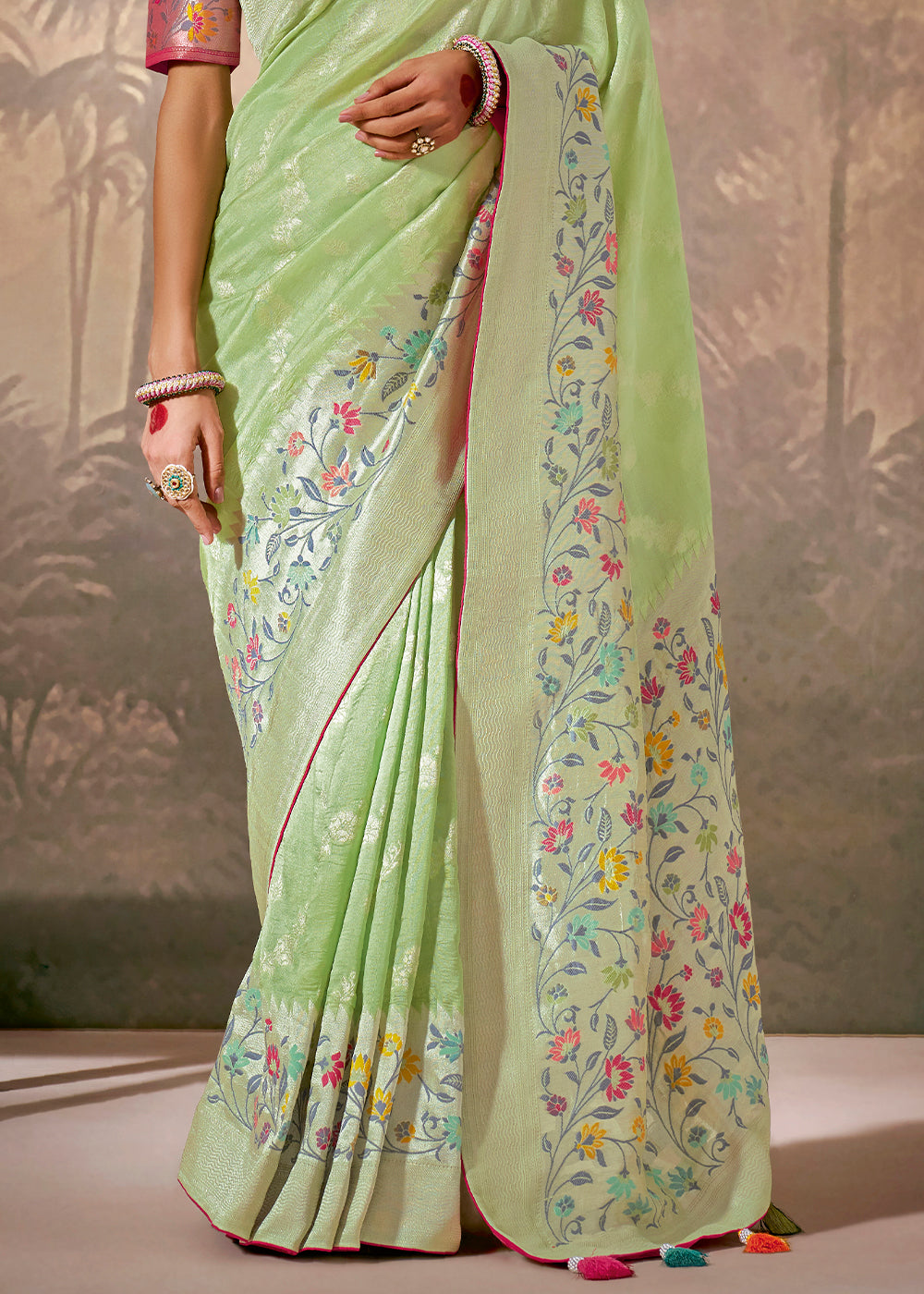 Pastel Green Munga Silk Saree with Zari work & Woven with Resham in Floral Motifs