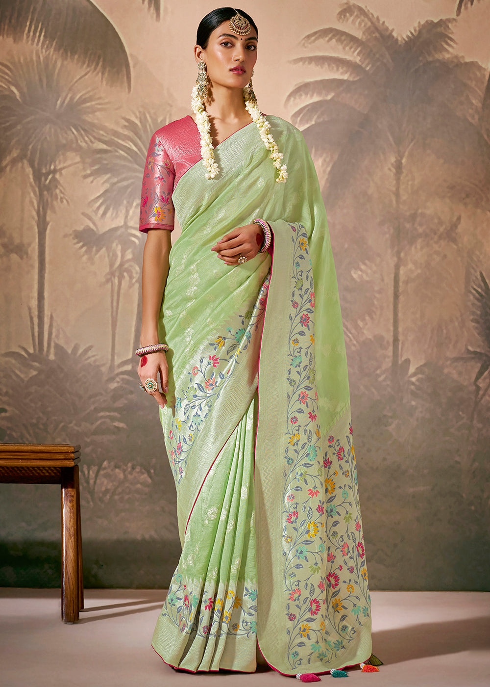 Pastel Green Munga Silk Saree with Zari work & Woven with Resham in Floral Motifs