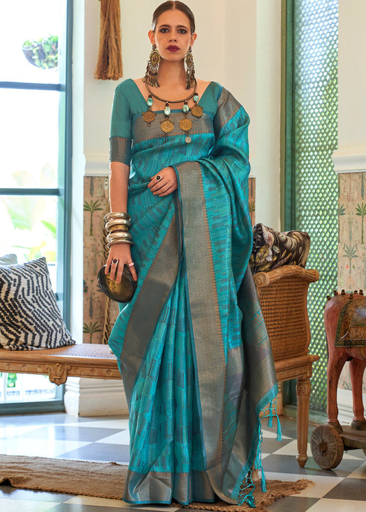 Cerulean Blue Two Tone Handloom Weaving Organza Silk Saree