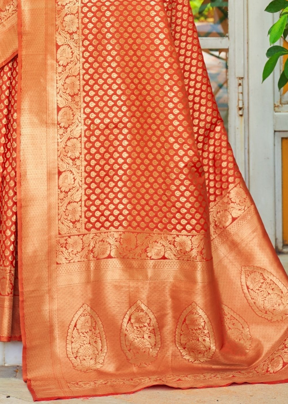 Yam Orange Woven Banarasi Brocade Silk Saree