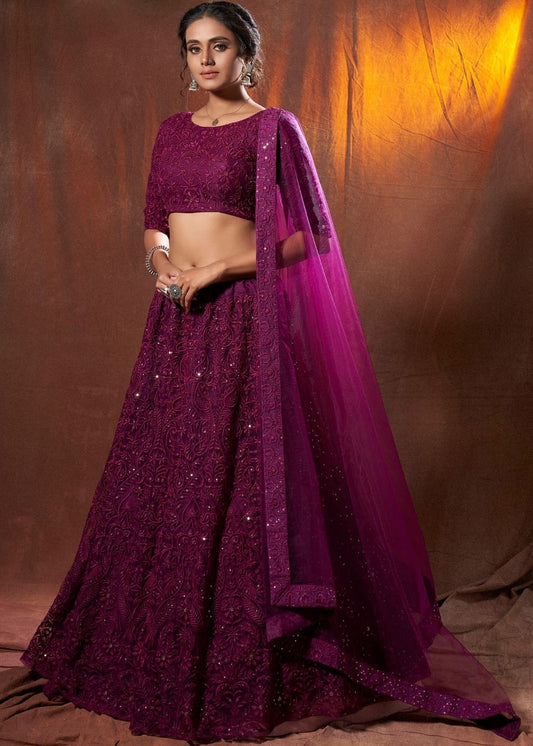 Wine Purple Designer Soft Net Lehenga Choli with Thread & Sequins work