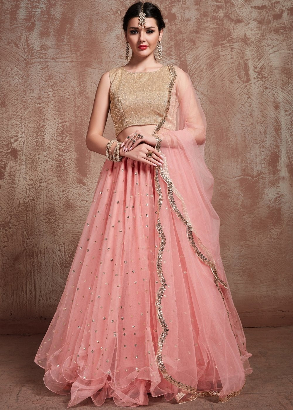 Baby Pink Designer Soft Net Lehenga with Sequins & Zari work