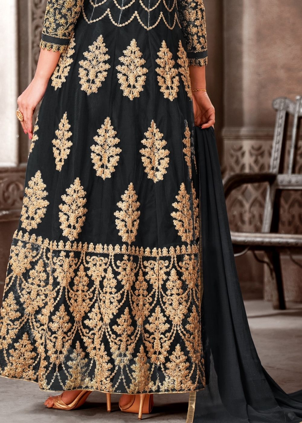 Sable Black Designer Net Anarkali Suit with Full Thread Embroidery Work: Top Pick