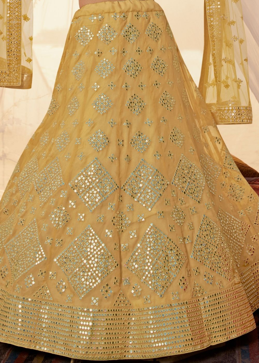 Canary Yellow Organza Lehenga Choli with Thread, Foli and Mirror work (Pre-Order)