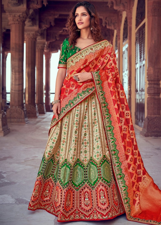 Cream White & Red Banarasi Silk Lehenga Choli with Khatli work Embroidery