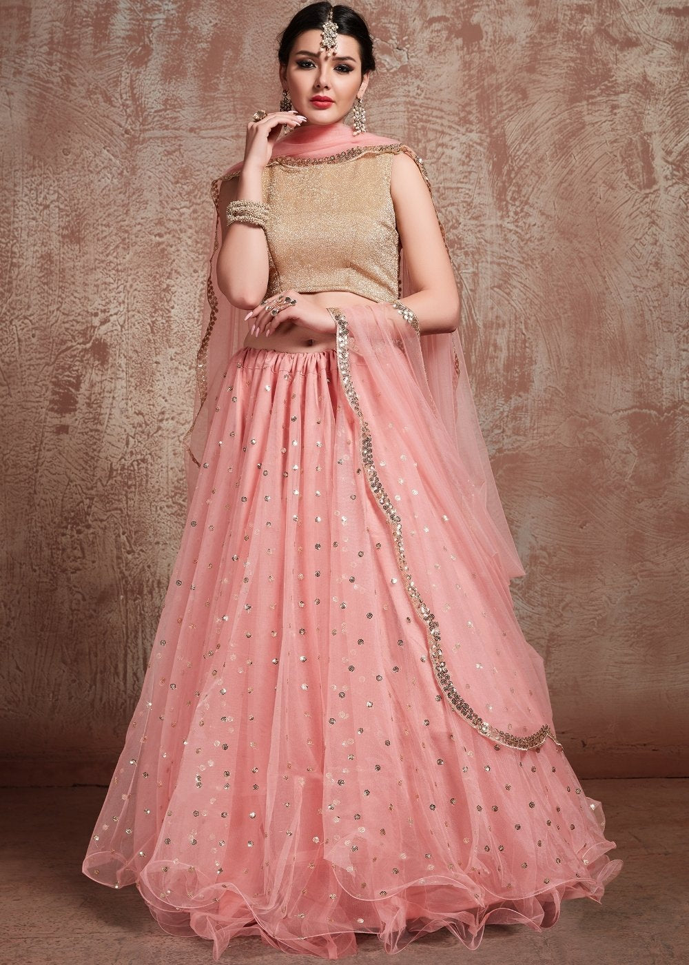 Baby Pink Designer Soft Net Lehenga with Sequins & Zari work