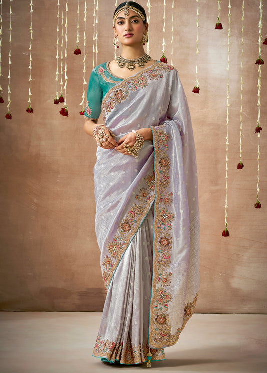 Little Princess Purple Zari Woven Tissue Dola Silk Saree having Sequence, Pearl, Mirror & Thread Work: Festival Edition