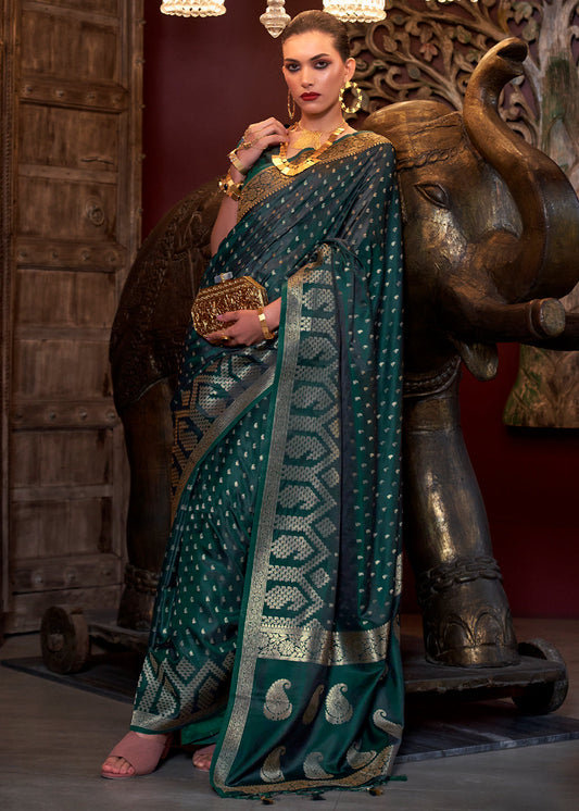 Sacramento Green Handloom Woven Satin Silk Saree