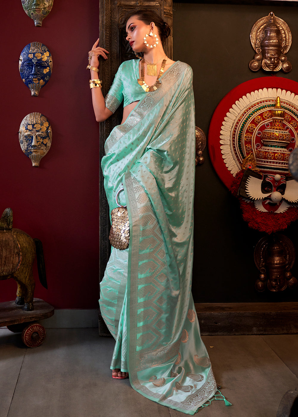 Turquoise Blue Handloom Woven Satin Silk Saree