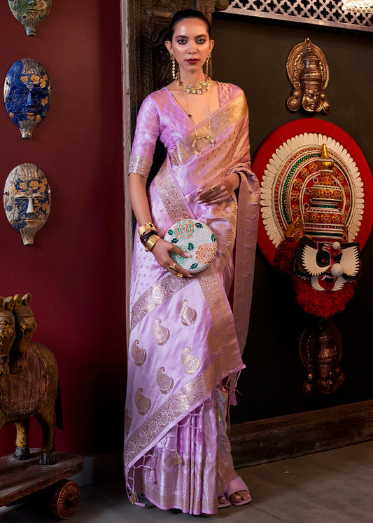 Lavender Purple Handloom Woven Satin Silk Saree