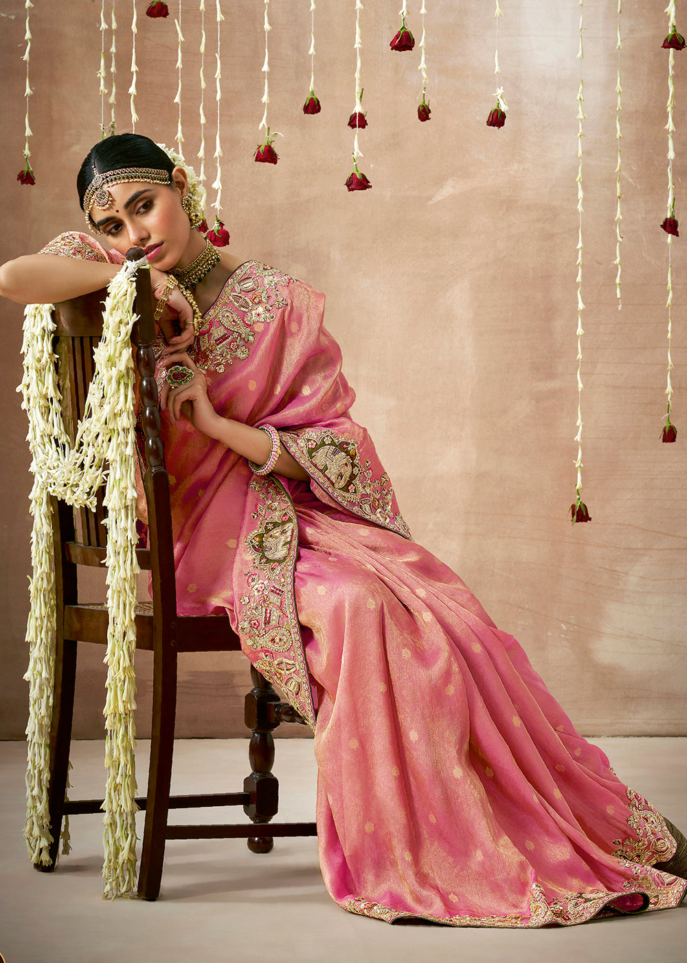 Shades Of Pink Zari Woven Tissue Dola Silk Saree having Sequence, Pearl, Mirror & Thread Work: Festival Edition