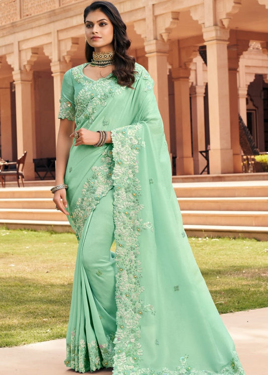 Spring Green Designer Satin Georgette Saree with Embroidery work