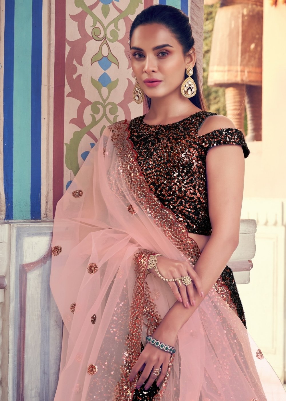 Black & Pink Designer Lehenga Choli with Sequins work