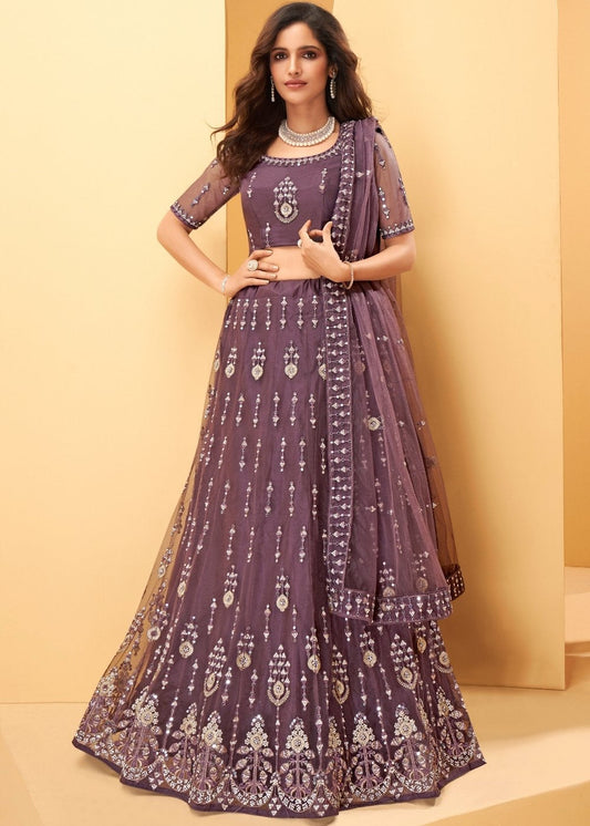 Plum Purple Net Lehenga Choli with Thread Embroidery,Mirror & Zarkan work