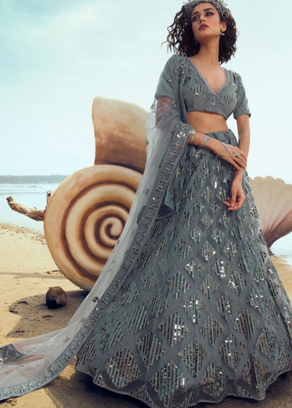 Anchor Grey Soft Net Designer Lehenga Choli with overall Sequins and Thread work(Pre-Order)