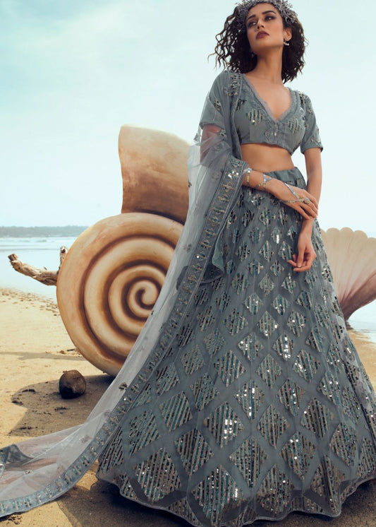 Anchor Grey Soft Net Designer Lehenga Choli with overall Sequins and Thread work(Pre-Order)