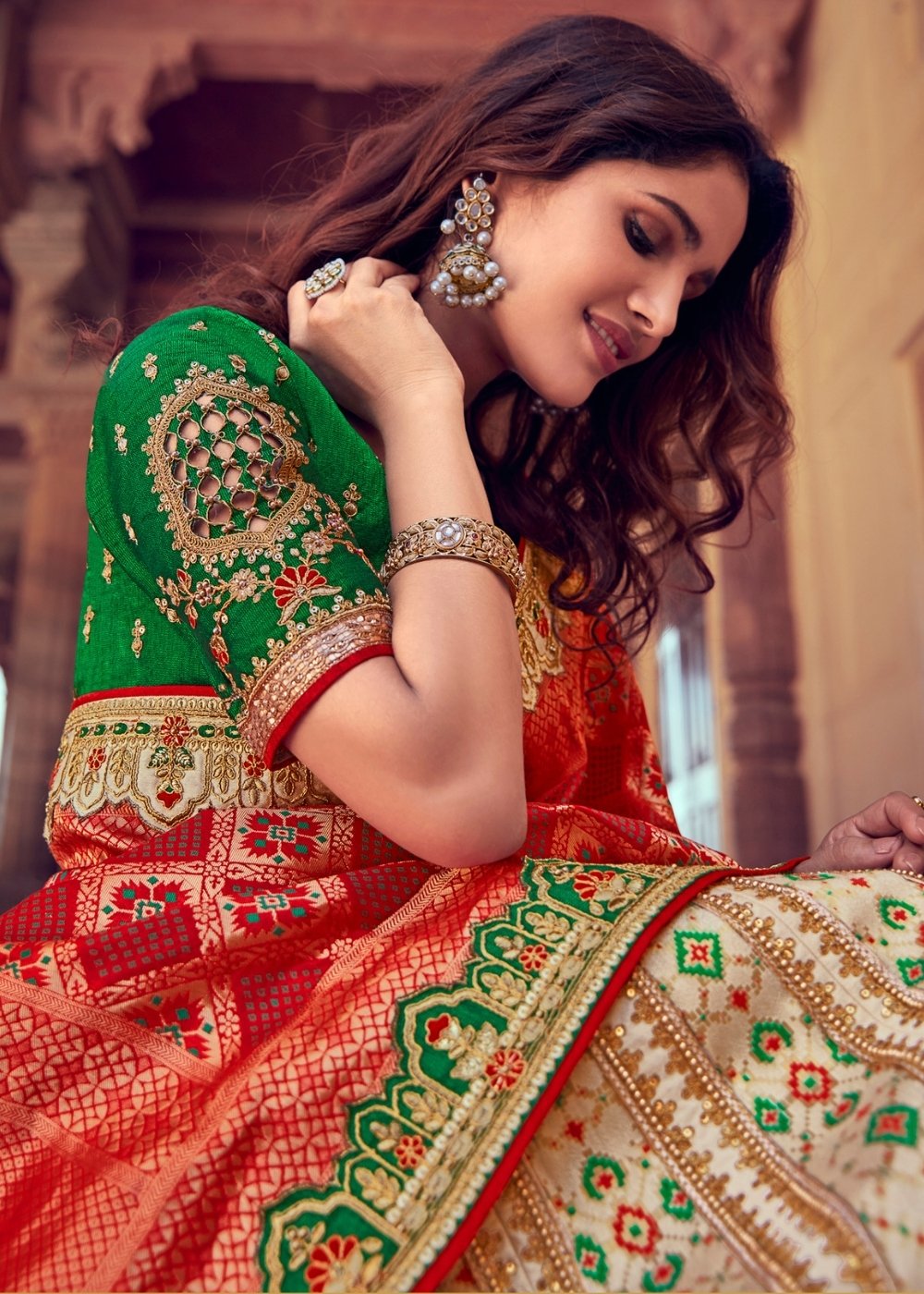Cream White & Red Banarasi Silk Lehenga Choli with Khatli work Embroidery