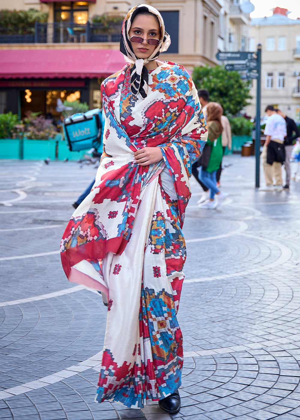 Rice White Digital Printed Crepe Silk Saree