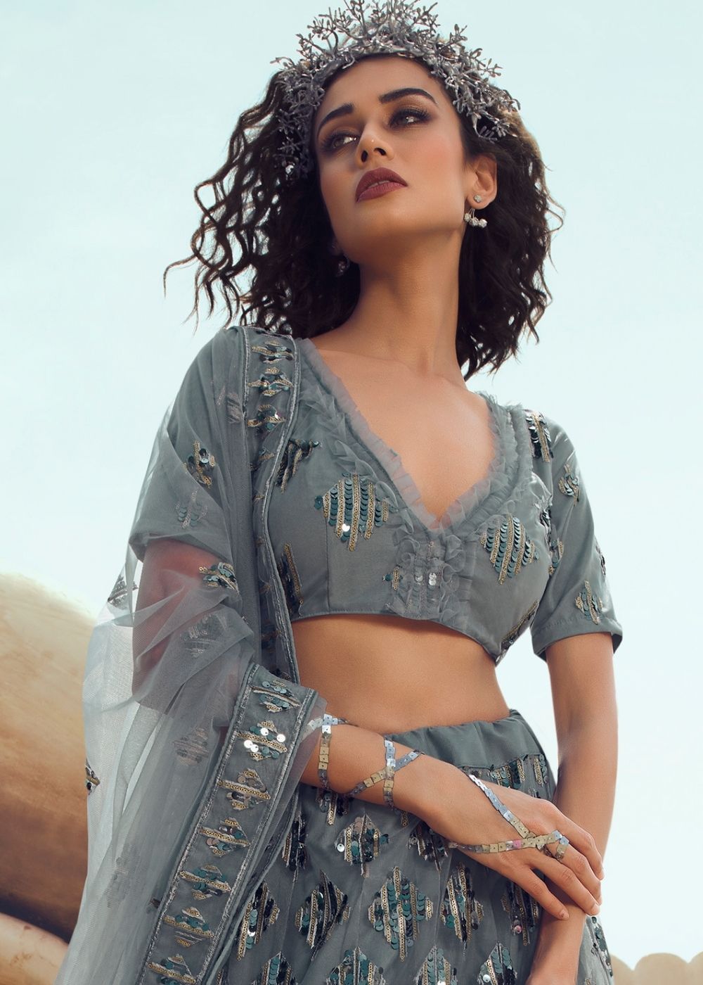 Anchor Grey Soft Net Designer Lehenga Choli with overall Sequins and Thread work(Pre-Order)