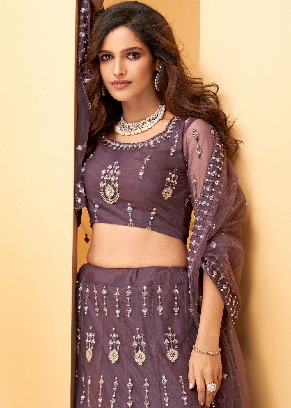 Plum Purple Net Lehenga Choli with Thread Embroidery,Mirror & Zarkan work
