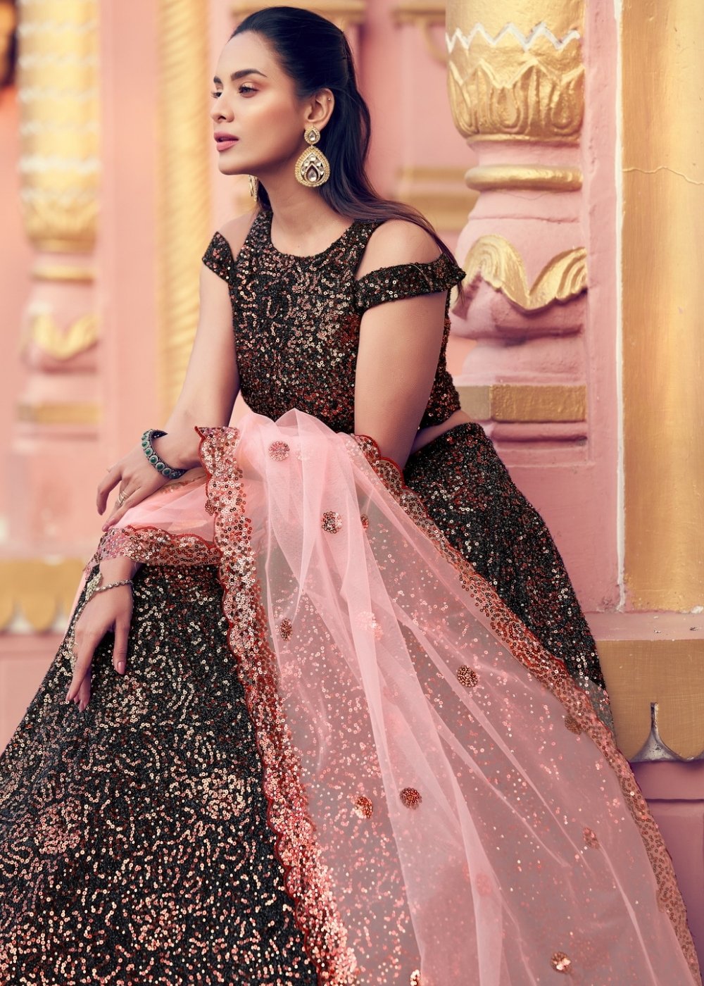 Black & Pink Designer Lehenga Choli with Sequins work