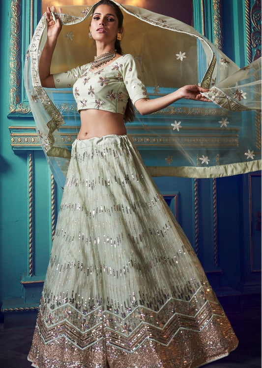 Pistachio Green Designer Soft Net Lehenga Choli with Sequin and Thread work