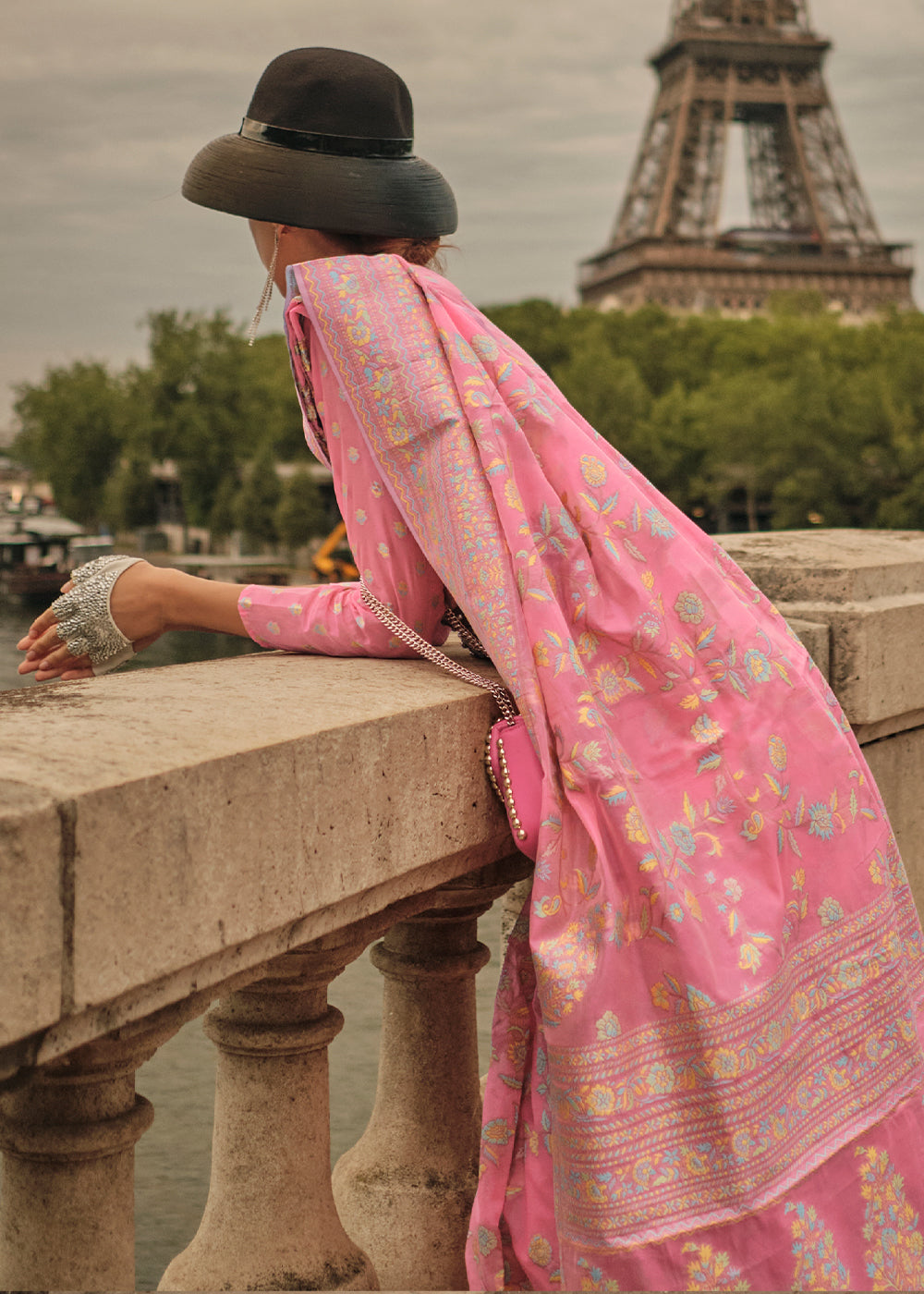 Watermelon Pink Woven Kashmiri Organza Silk Saree