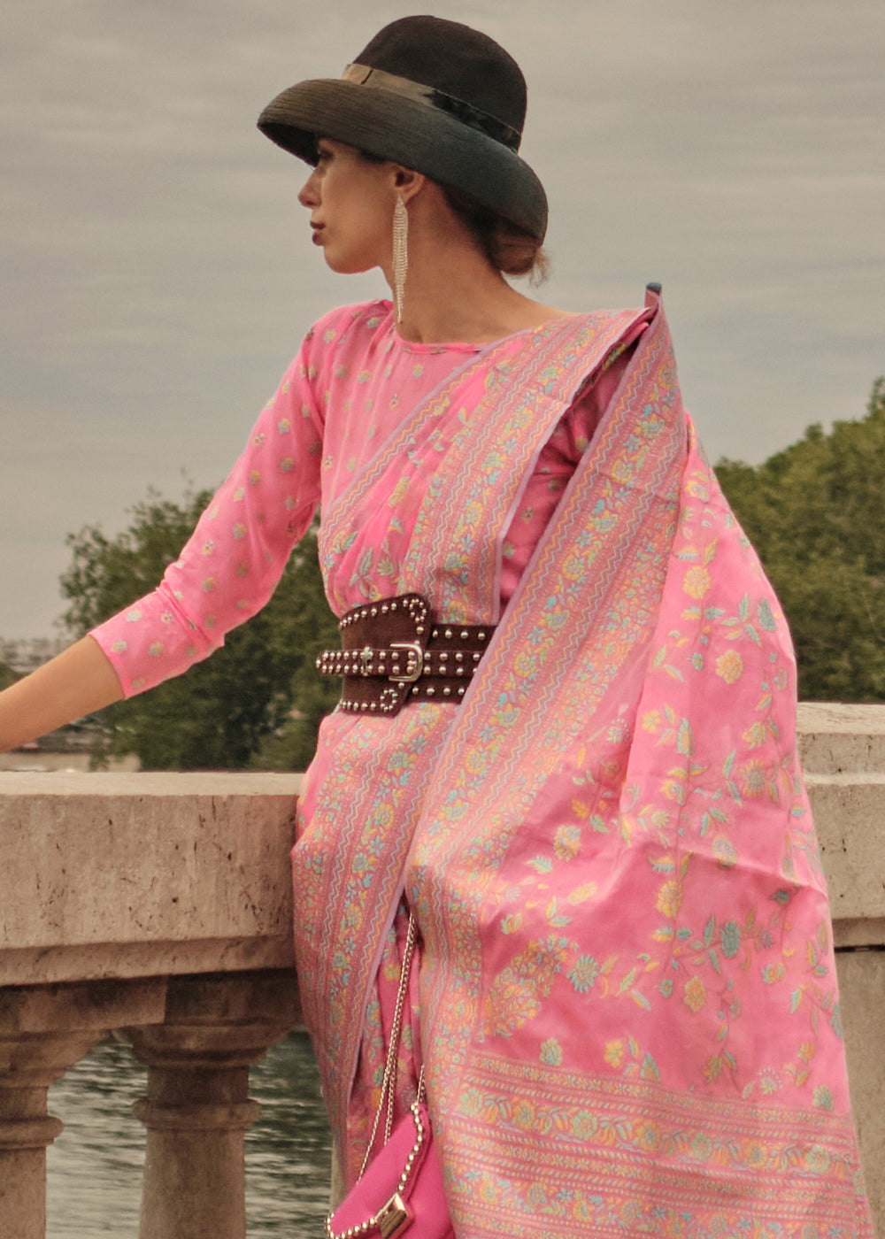 Watermelon Pink Woven Kashmiri Organza Silk Saree