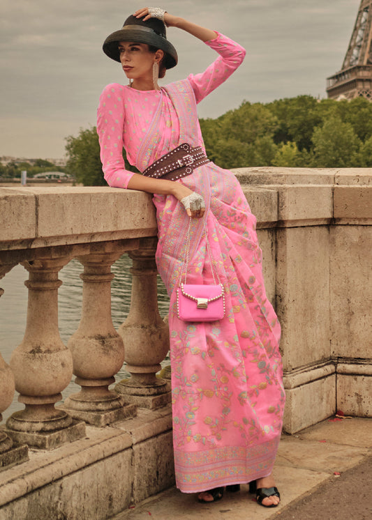 Watermelon Pink Woven Kashmiri Organza Silk Saree