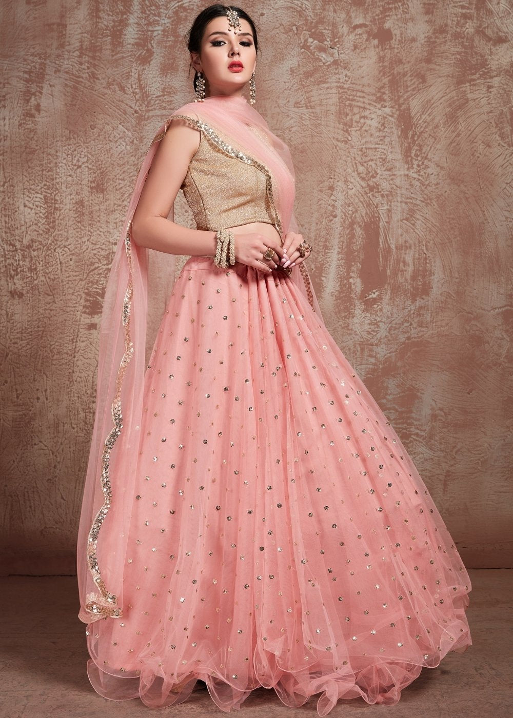 Baby Pink Designer Soft Net Lehenga with Sequins & Zari work