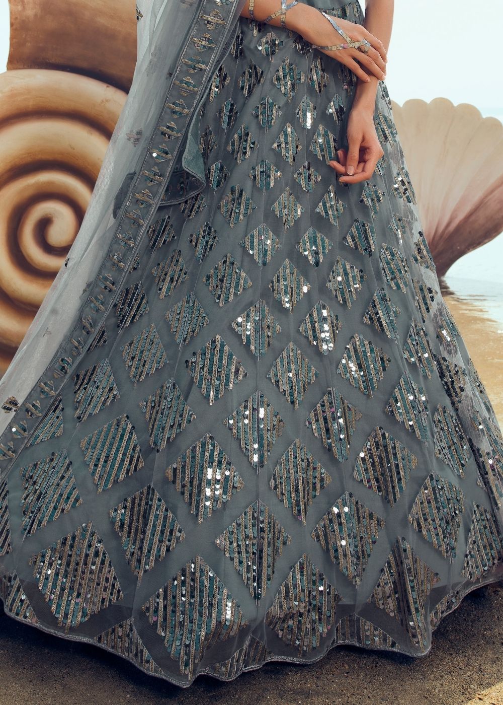 Anchor Grey Soft Net Designer Lehenga Choli with overall Sequins and Thread work(Pre-Order)