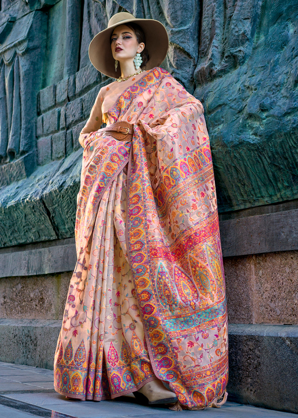 White & Pink Blended Jamawar Woven Organza Silk Saree