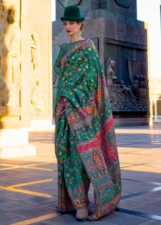 Myrtle Green Jamawar Woven Organza Silk Saree