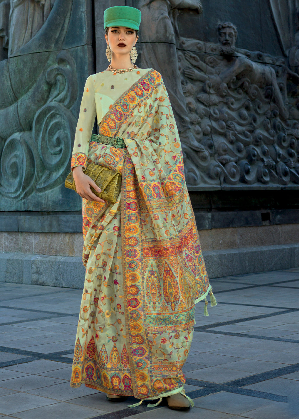 Tea Green Jamawar Woven Organza Silk Saree