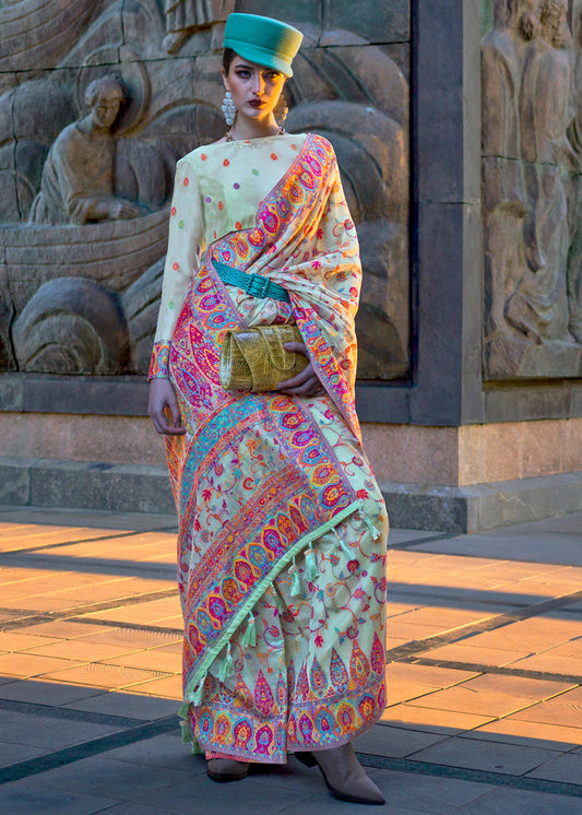 Light Aquamarine Green Jamawar Woven Organza Silk Saree