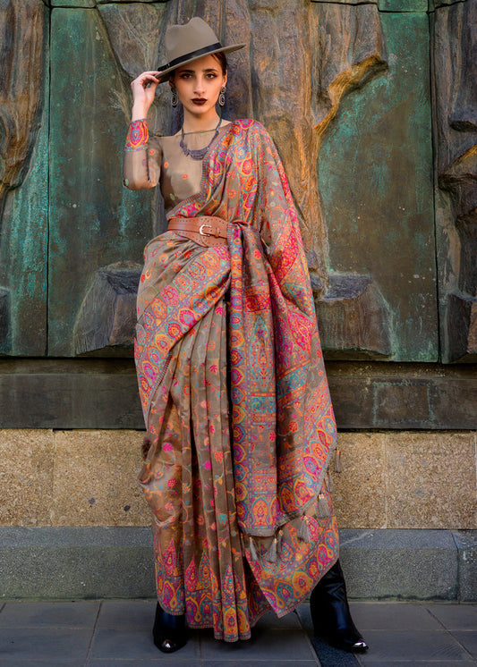 Shades Of Brown Jamawar Woven Organza Silk Saree