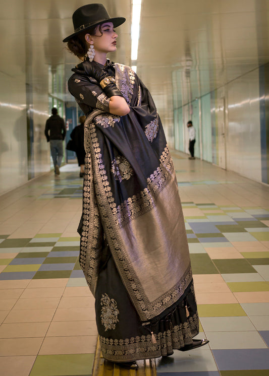 Charcoal Black Handloom Woven Banarasi Silk Saree