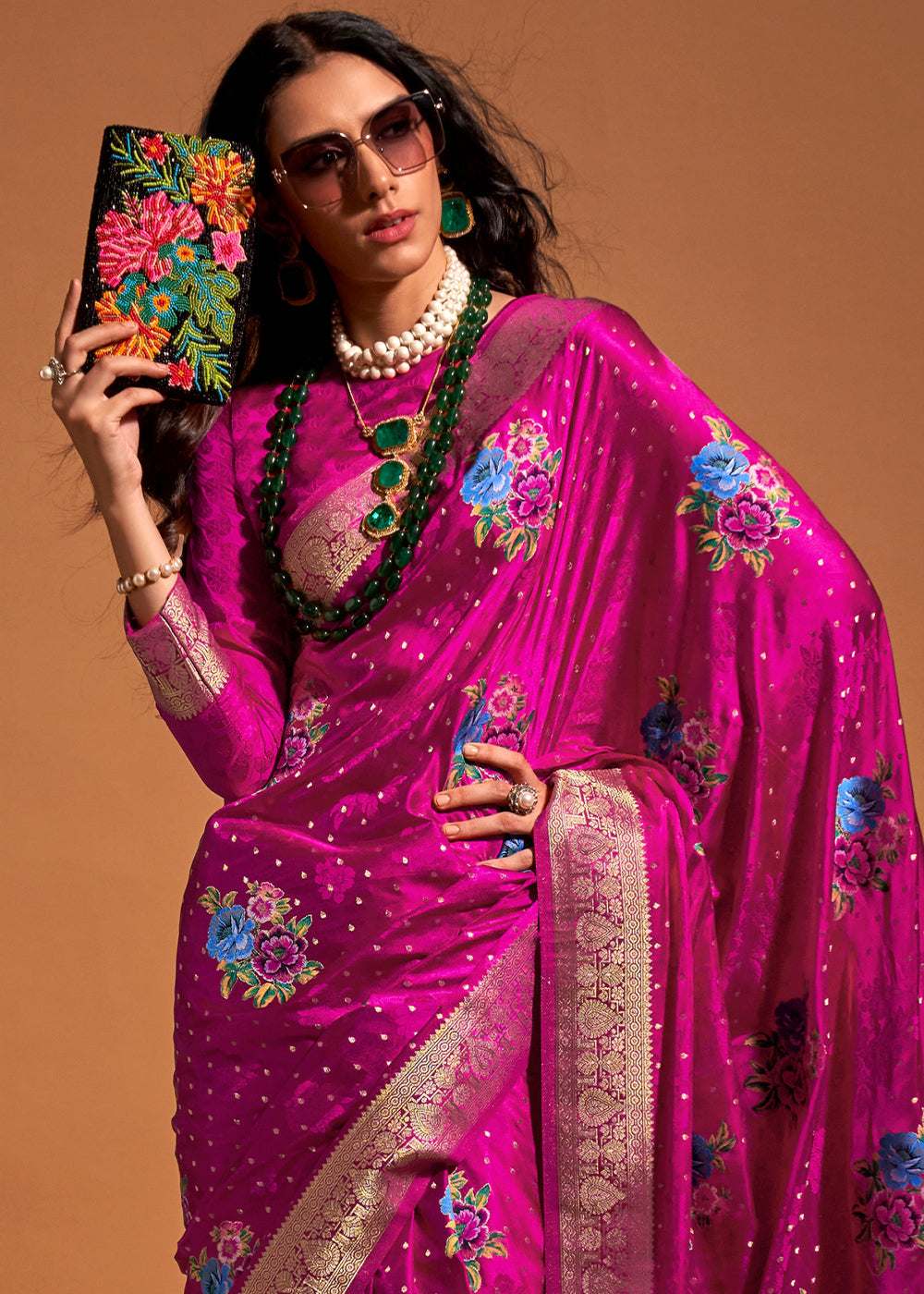 Magenta Pink Handloom Satin Silk Saree with Multi Colored Flower Weaving Work