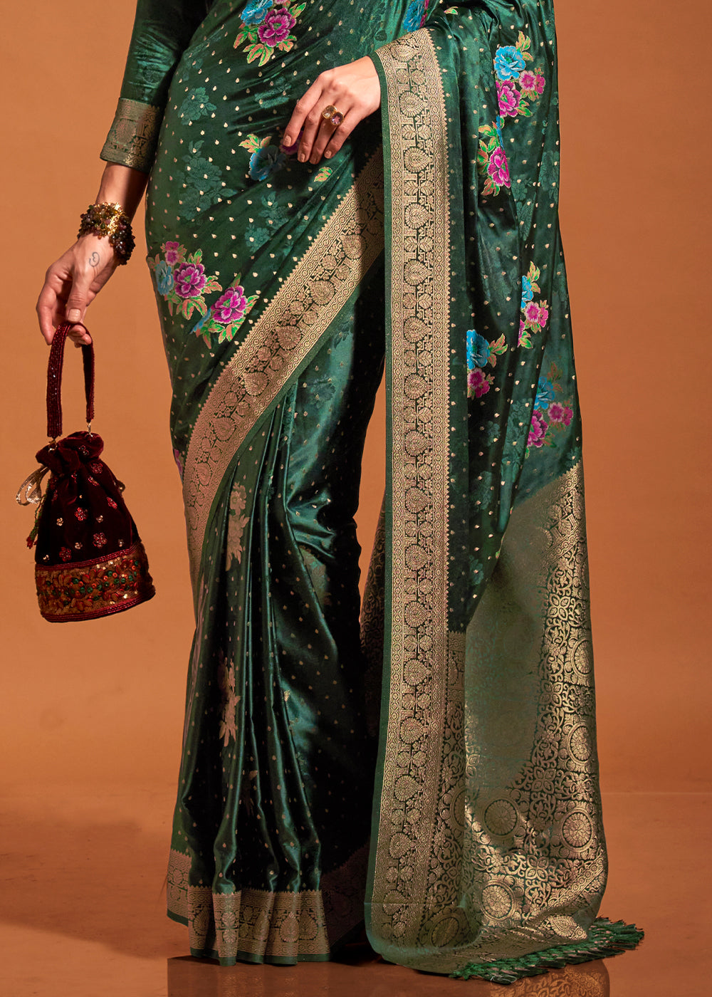 Sacramento Green Handloom Satin Silk Saree with Multi Colored Flower Weaving Work