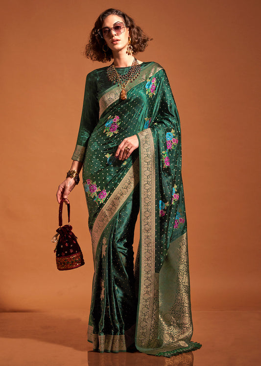 Sacramento Green Handloom Satin Silk Saree with Multi Colored Flower Weaving Work