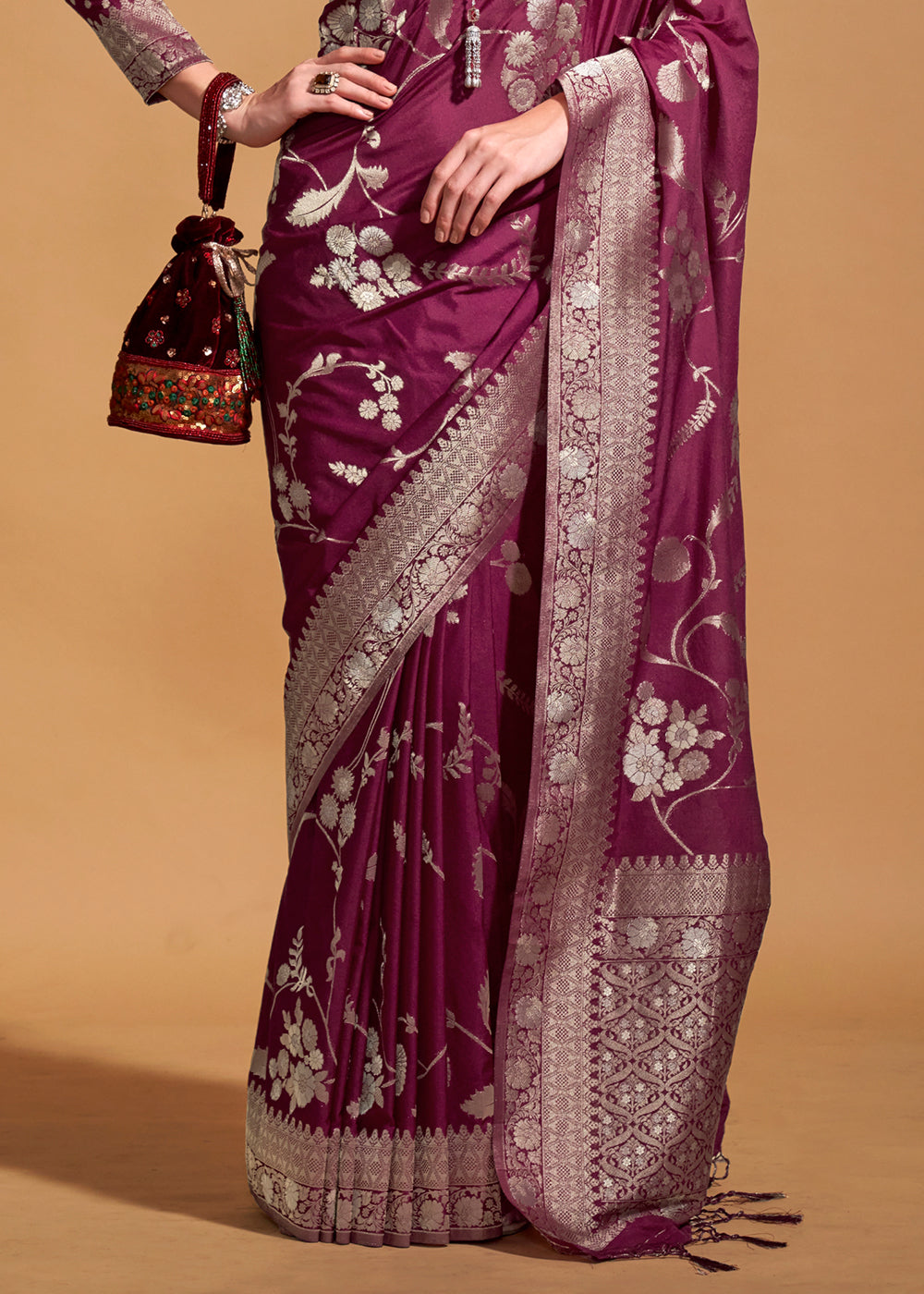 Cardinal Purple Floral Handloom Woven Georgette Silk Saree