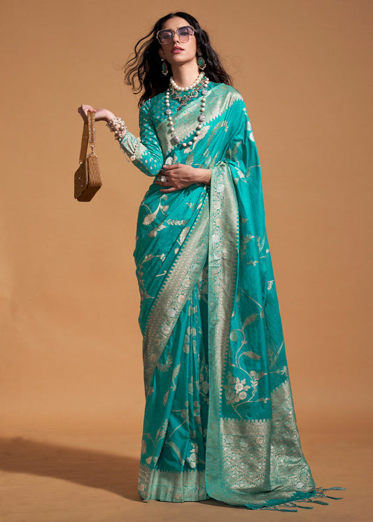 Aqua Blue Floral Handloom Woven Georgette Silk Saree