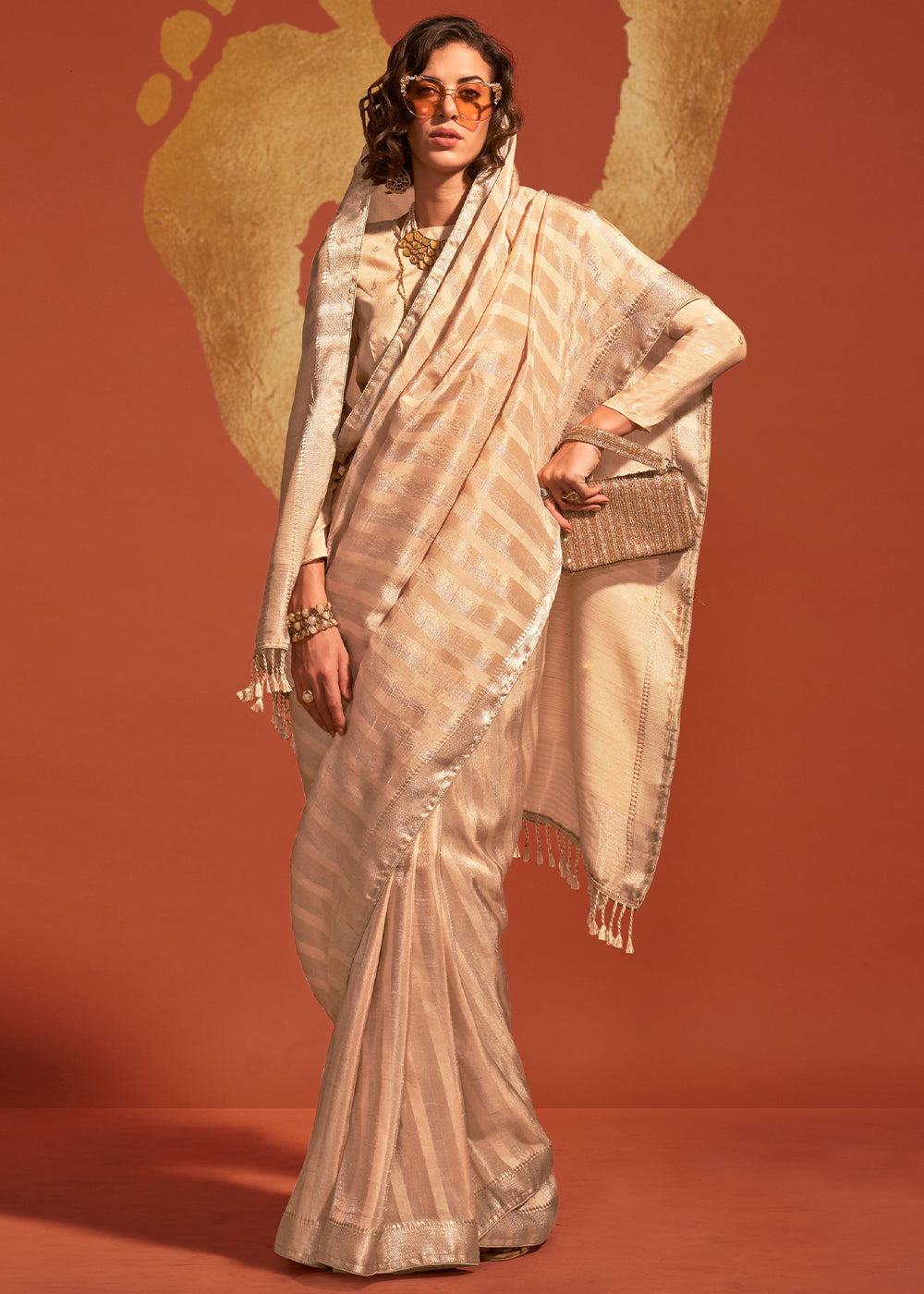 Beige Brown Handwoven Viscose Designer Saree